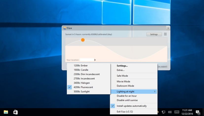 F.lux settings for Windows 10