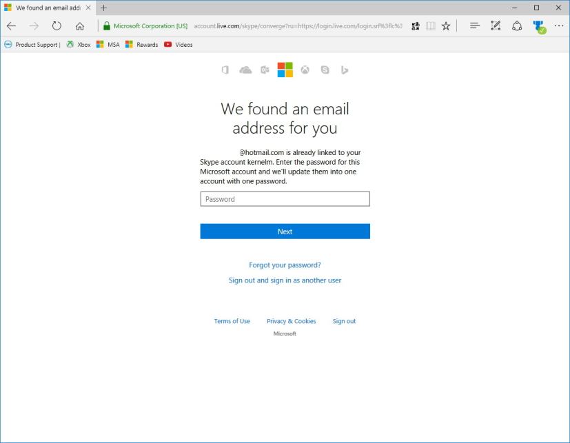 Merge accounts using your Microsoft account password