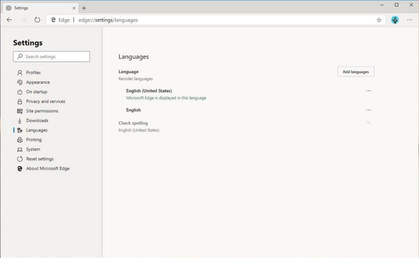 Microsoft Edge, Chromium, Languages page