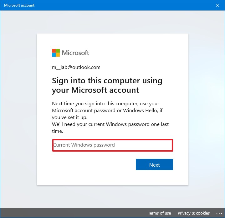 Confirm local account password to switch to Microsoft account