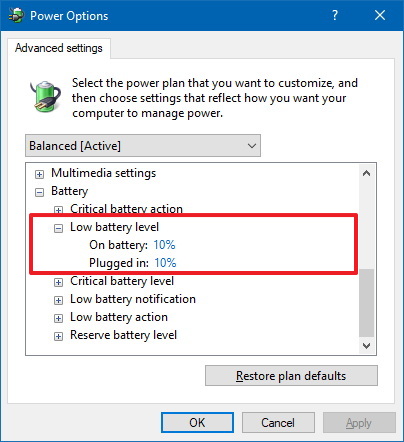 Low battery level notification settings