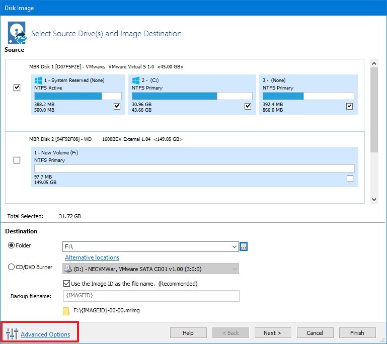 Macrium Reflect advanced options