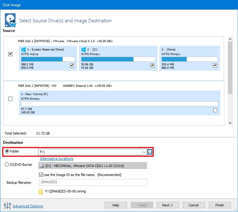 Macrium Reflect backup destination setting