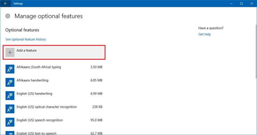 Manage optional features on Windows 10