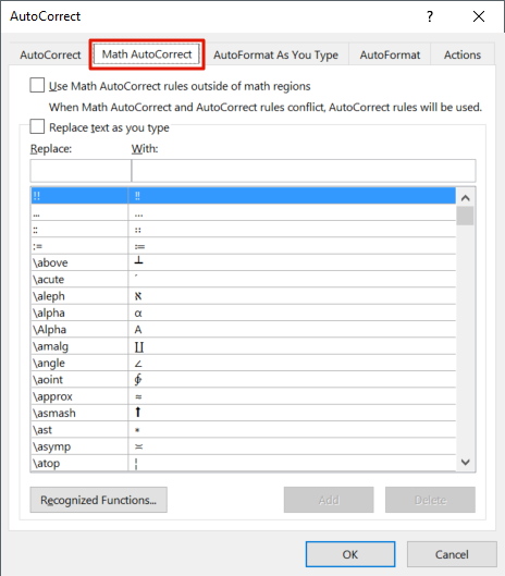 Math AutoCorrect Word options