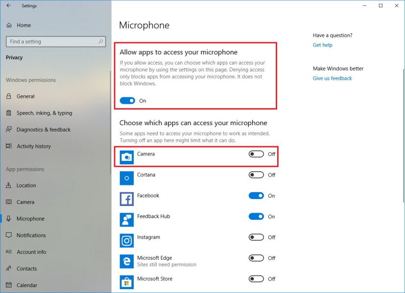 Microphone access settings on Windows 10