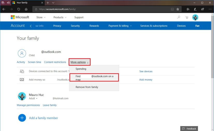 Microsoft account find child phone on a map option