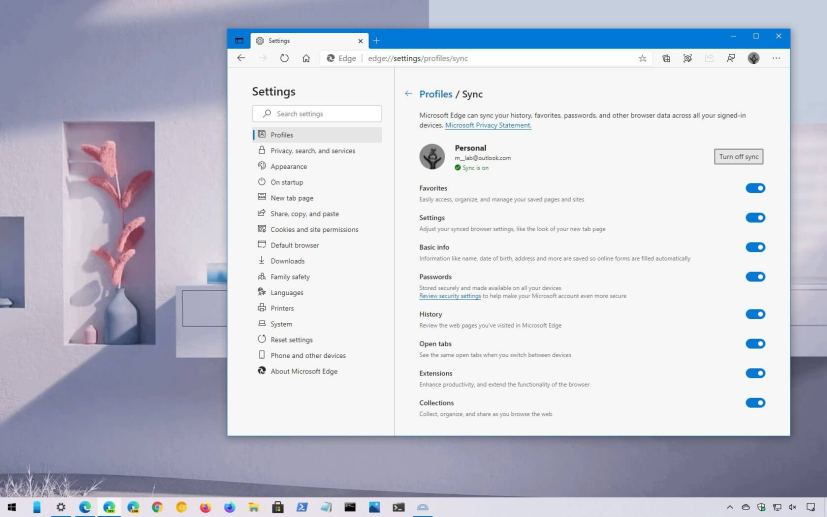 Microsoft Edge history sync enabled