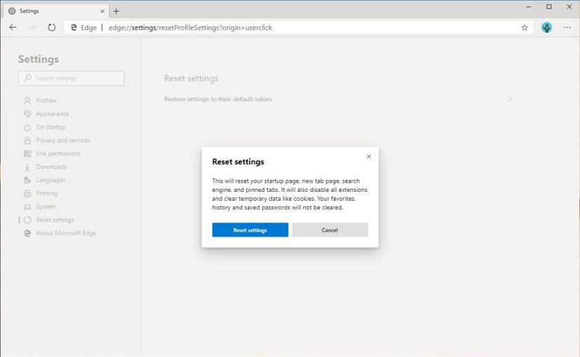 Microsoft Edge, Chromium, Reset settings page