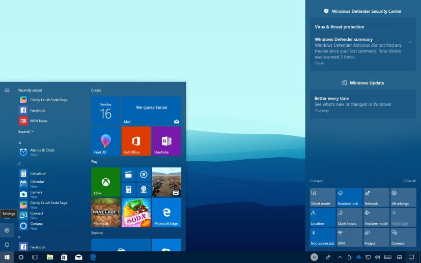 Microsoft Fluent Design System on Start menu and Action Center