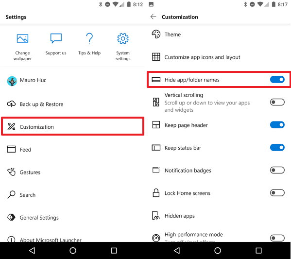 Microsoft Launcher hide apps name