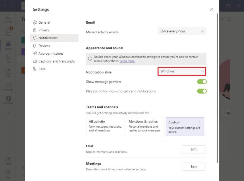 Teams Windows notifications