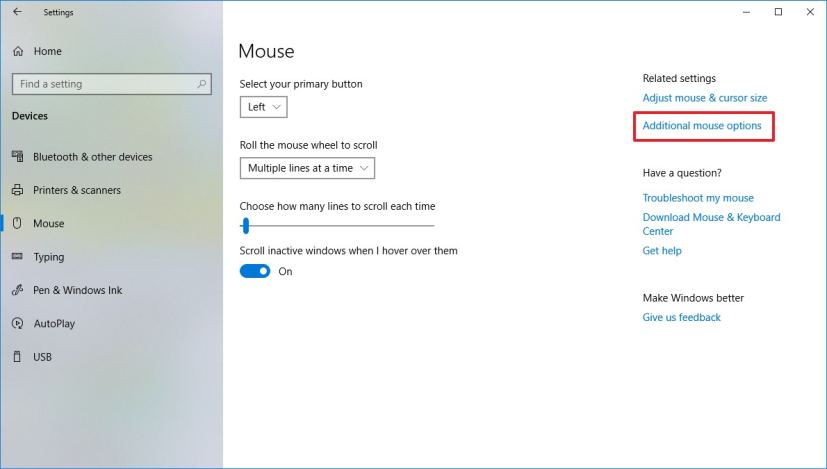 Mouse settings on Windows 10