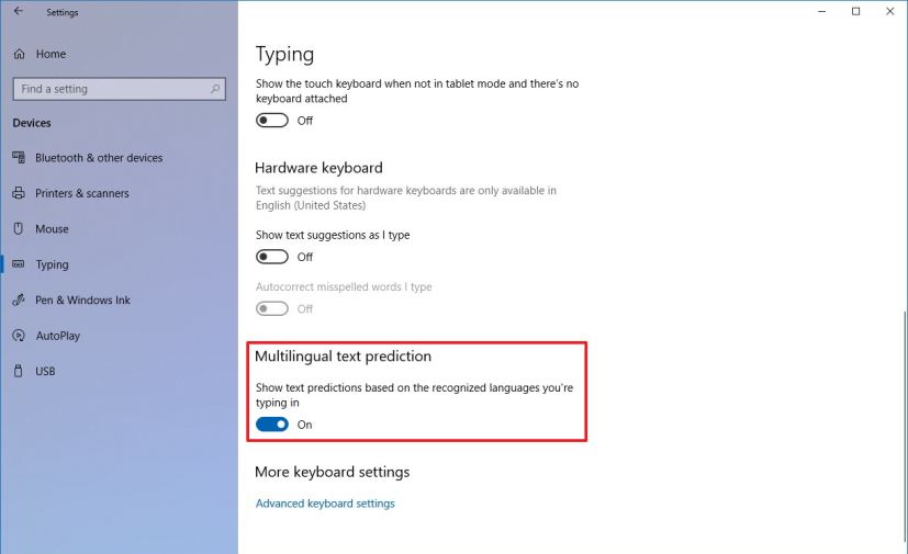 Multilingual text prediction settings