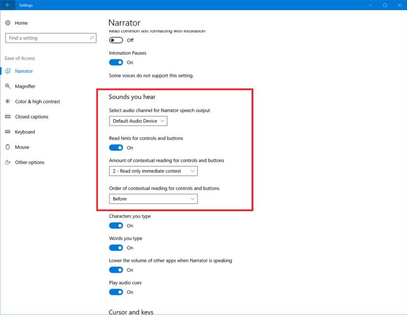 Narrator settings Windows 10 build 16362