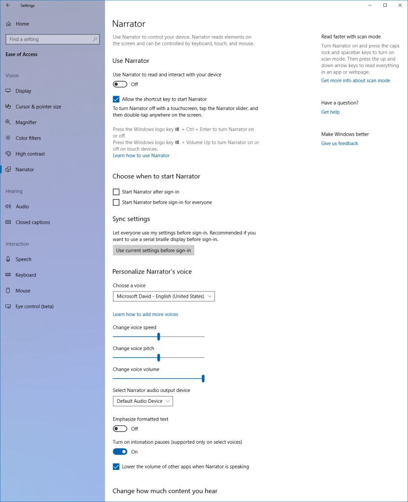 Narrator settings on Windows 10 version 1803 (part 1)