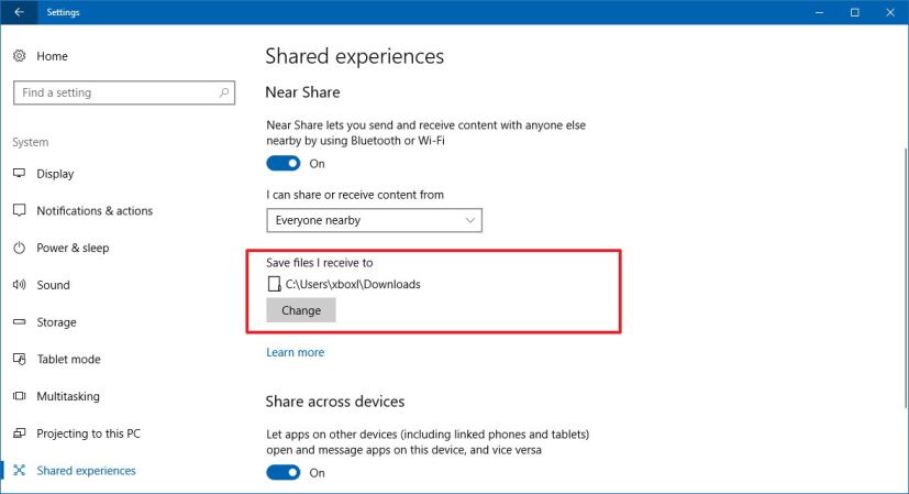 Near Share settings on Windows 10, version 1709