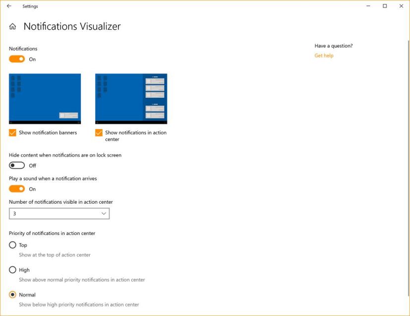 Notification settings on Windows 10 20H1