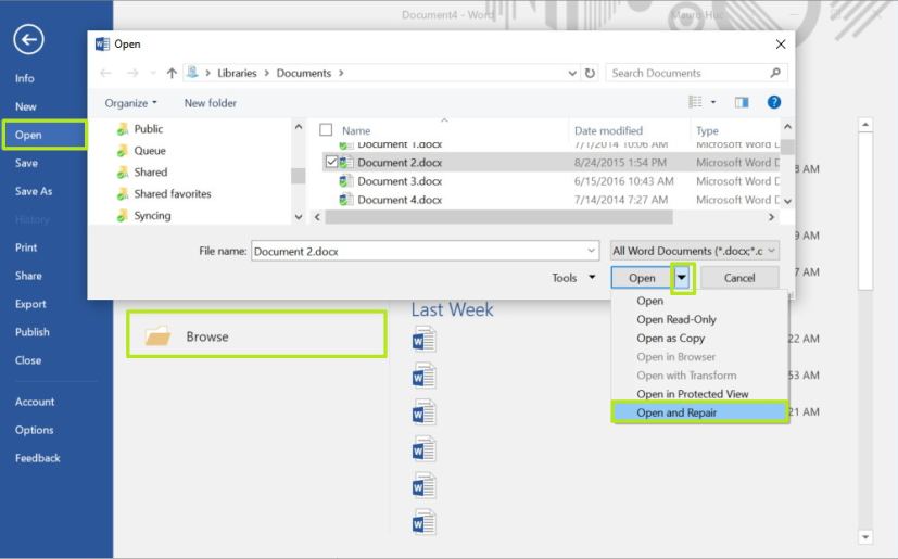 Open and repair option on Microsoft Office