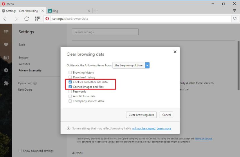 Opera clear cache and cookies data