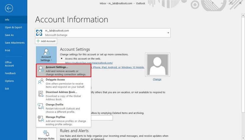 Outlook account settings