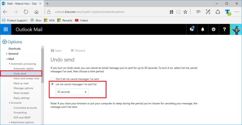 Outlook web "undo send" options