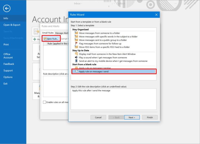 Outlook rule settings