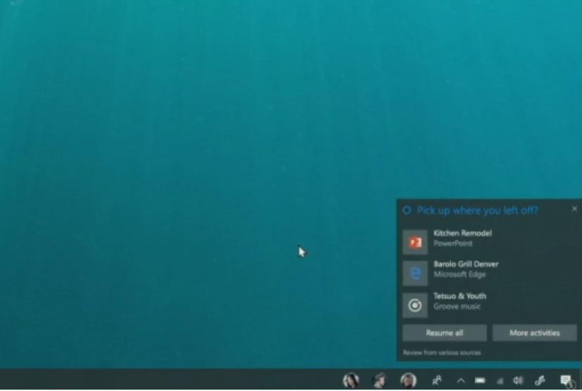 Pick up where you left off Cortana prompt