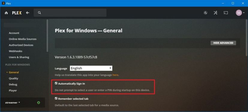 Plex automatically sign in option