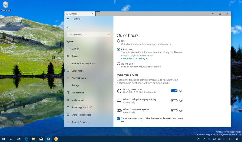 Quiet hours Automatic rules settings on Windows 10 (version 1803)