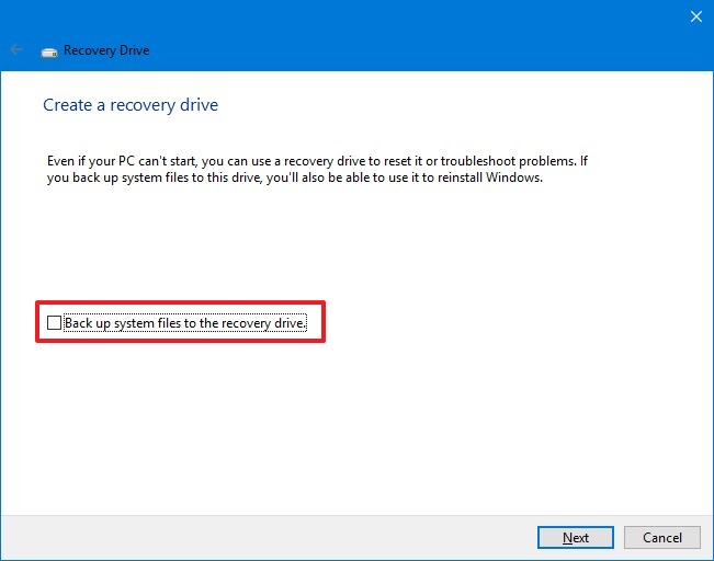 Create Recovery Drive wizard