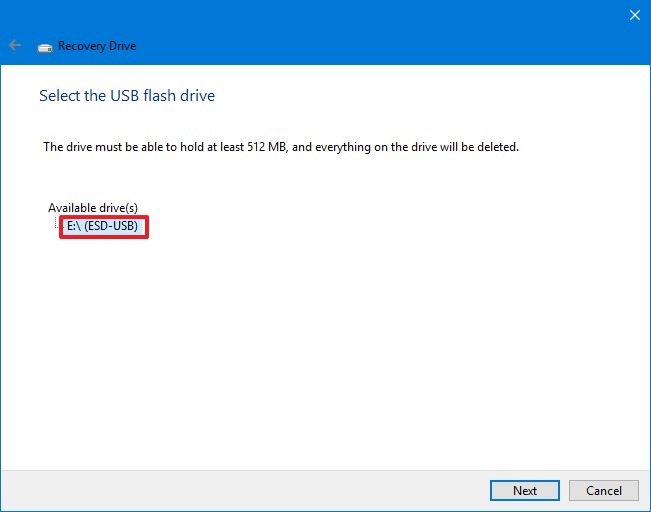 Select USB flash drive for recovery