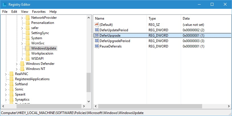 Regedit Defer Upgrades and Updates in Windows 10