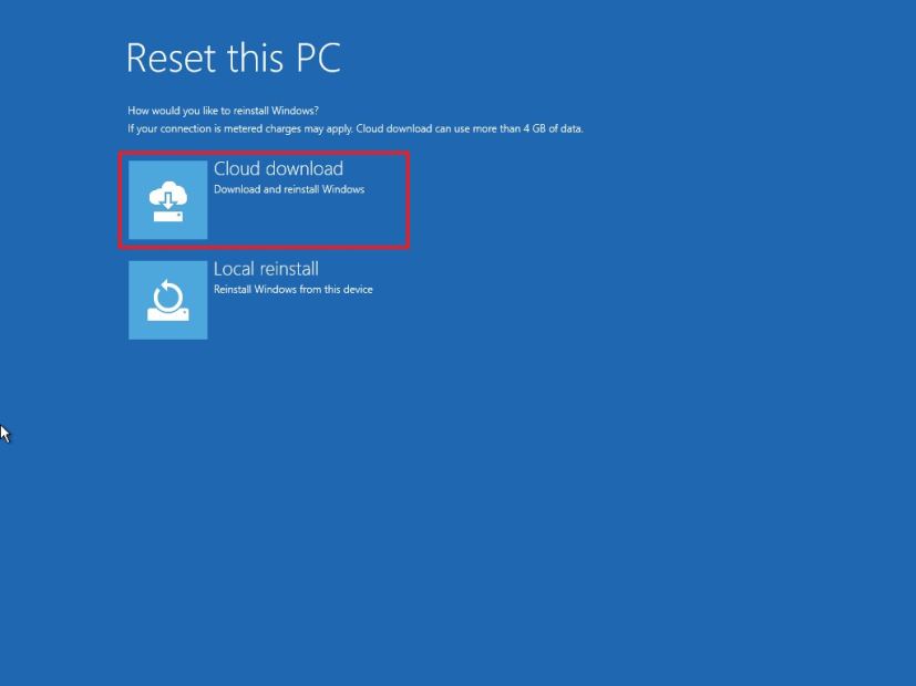 Advanced startup Reset this PC cloud download option