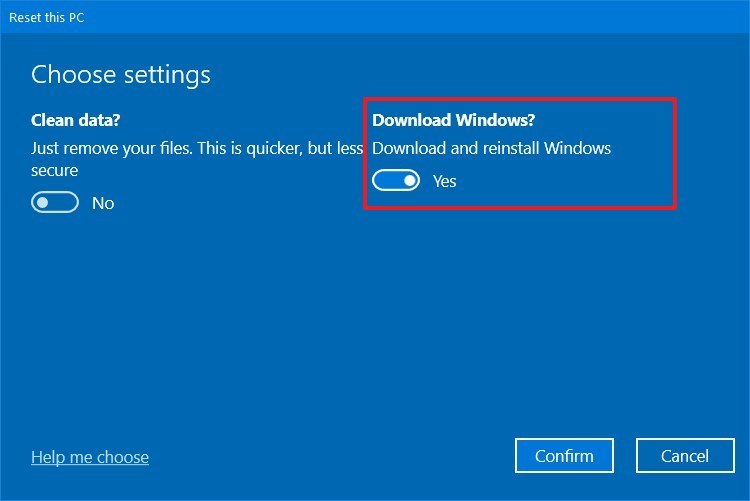 Reset this PC, download Windows 10 install files