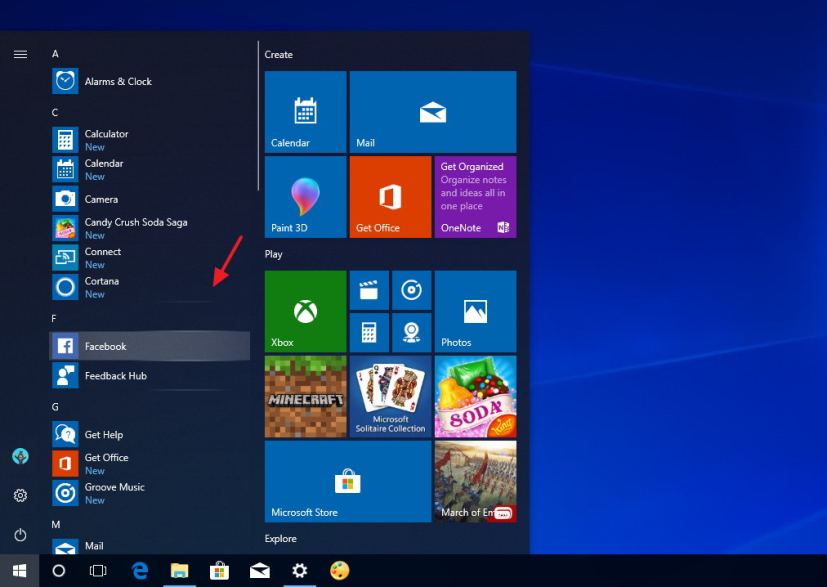 Start menu with Reveal highlight