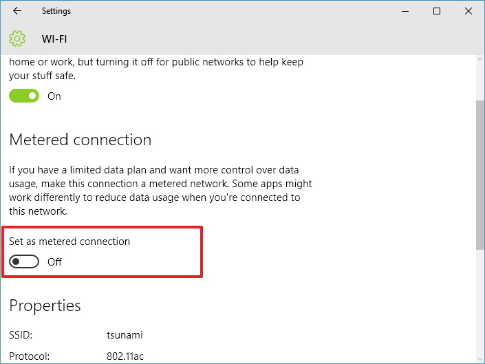 Set as metered connection option on Windows 10