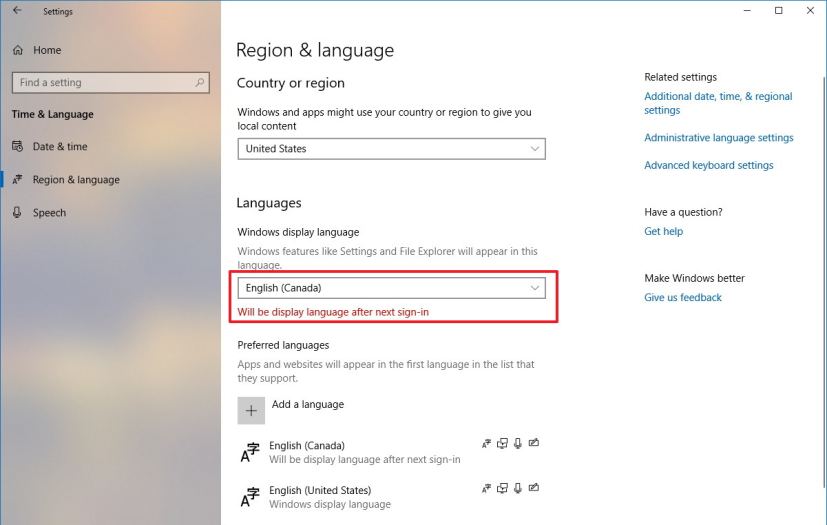 Set new default display language on Windows 10