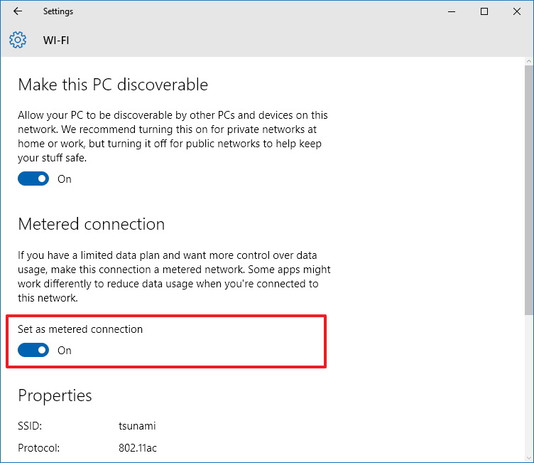 Set as metered connection Wi-Fi option on Windows 10