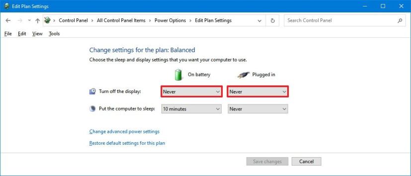 Screen timeout options in Control Panel