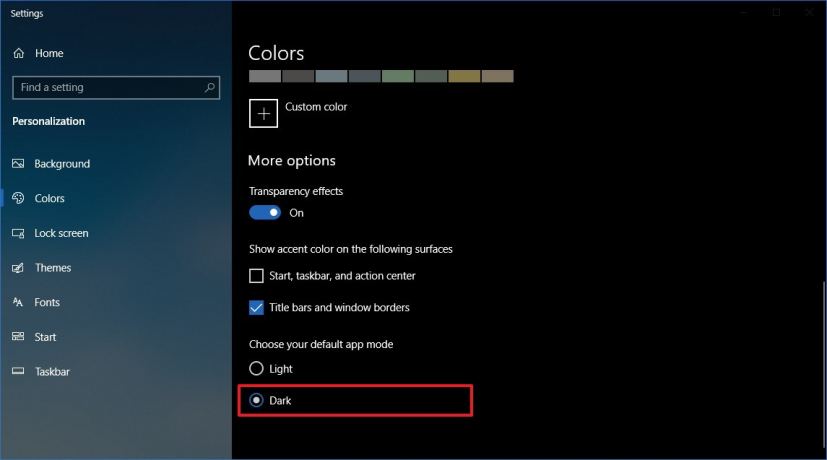 Windows 10 Colors settings dark theme option