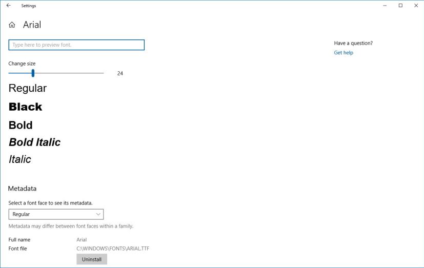 Font face settings with option to uninstall on Windows 10