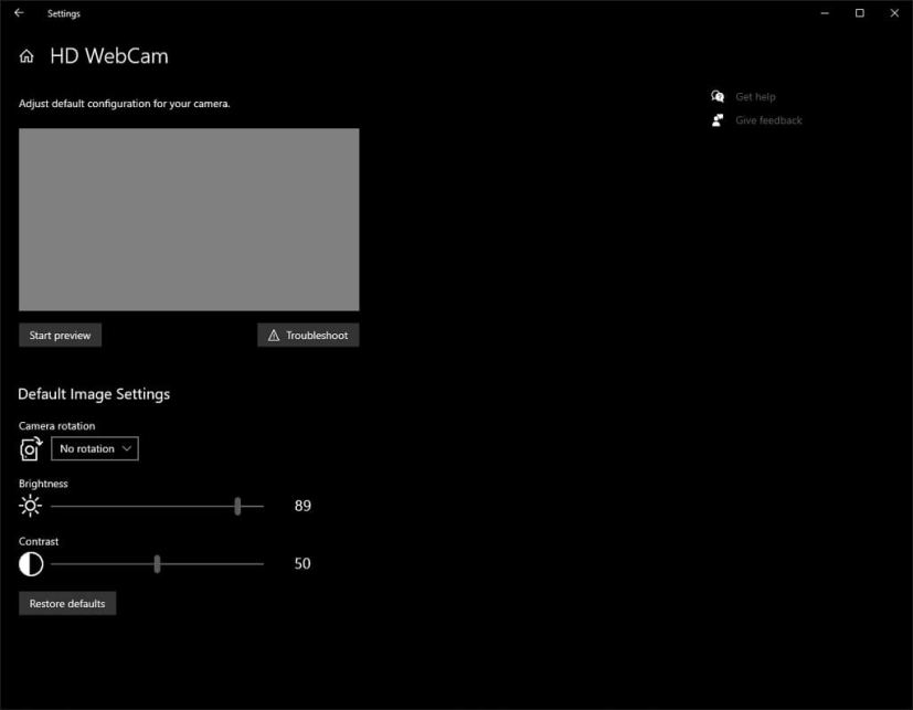 Settings for webcam