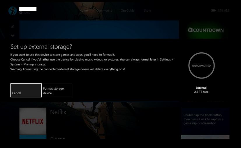 Set up new external drive on Xbox One