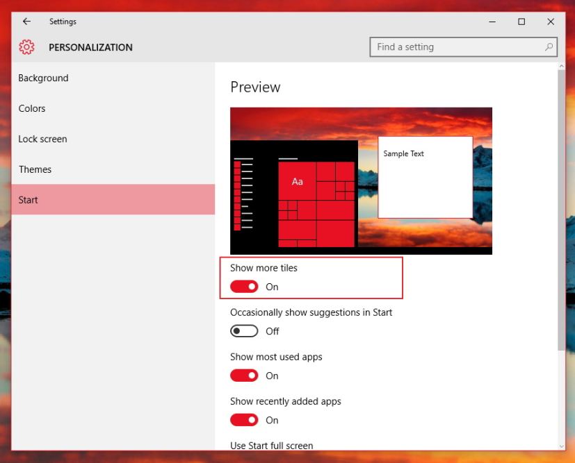 Show more tiles option for the Start menu