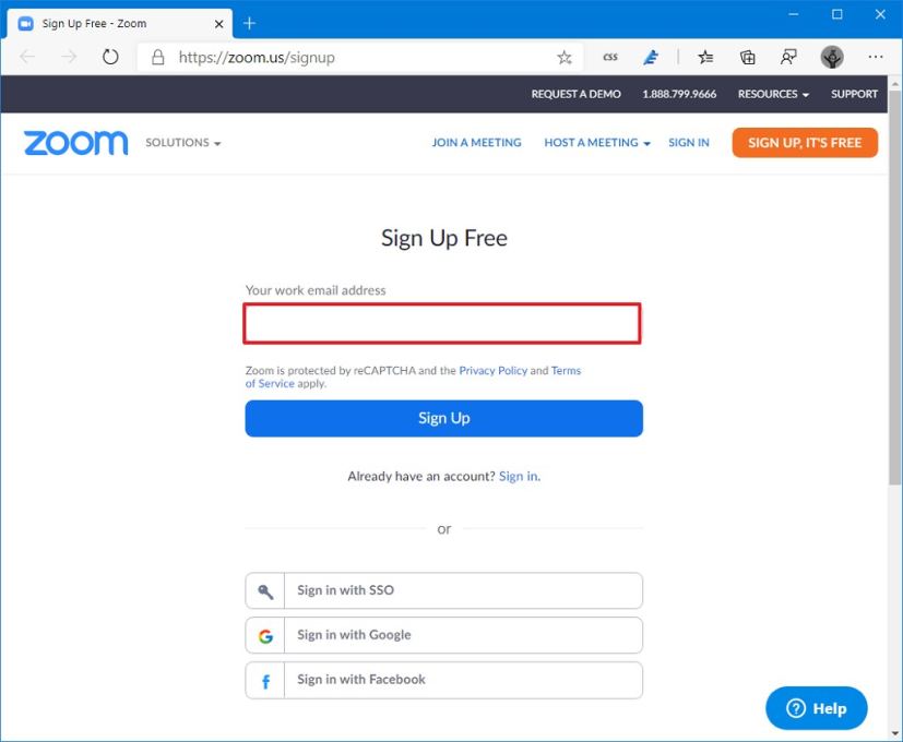 Zoom sign up page