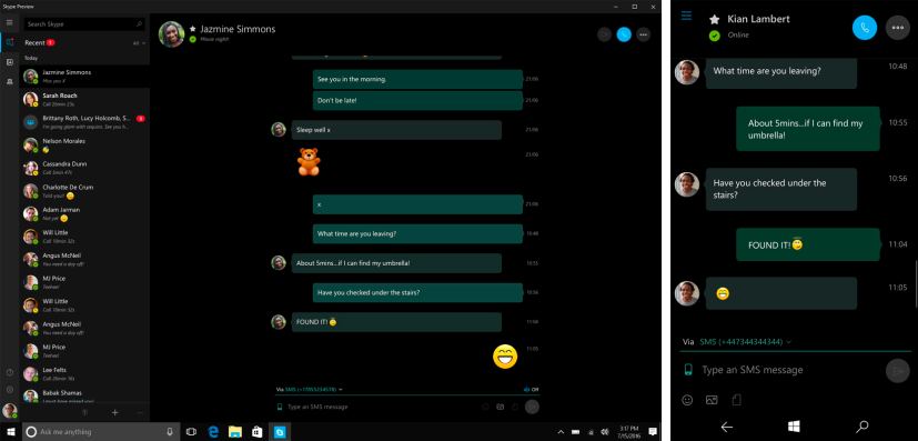 Skype app with SMS and MMS features for Windows 10 Redstone 2