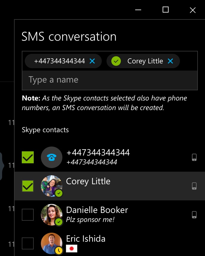 Start an SMS conversation using Skype on Windows 10