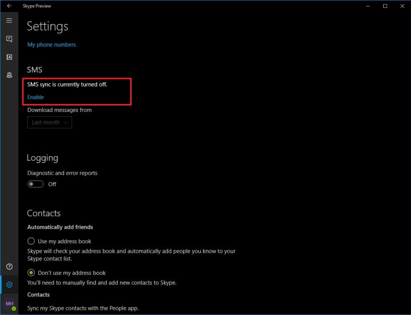 Enable SMS on Skype for Windows 10 PC