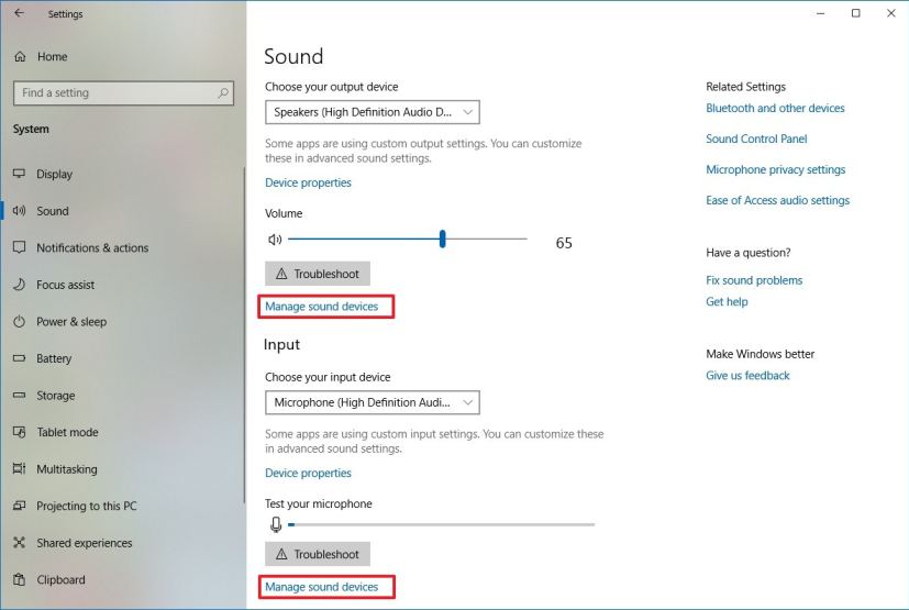 Sound settings on Windows 10 version 1809